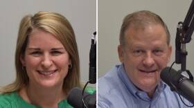 Side-by-side pictures of a woman and man smiling next to a microphone