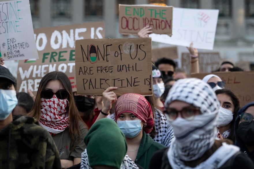 Pro-Palestinian students take part in a protest in support of the Palestinians amid the ongoing conflict in Gaza, at Columbia University in New York City, U.S., October 12, 2023.