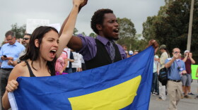The sense of unity and togetherness was unparalleled as the protesters circled around the intersection of SW 34th St. and Hull Road, just outside the venue Richard Spencer spoke in. (Christy Piña/WUFT News)