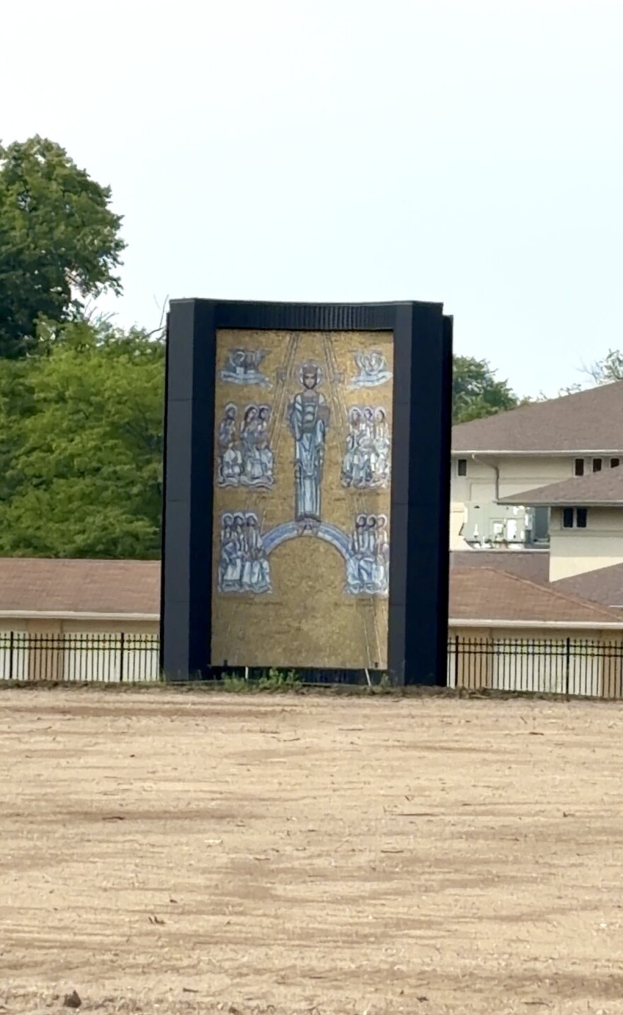 This mosaic, once stood inside a now demolished chapel, will mark the 50-yard line of the seminarians' football field.