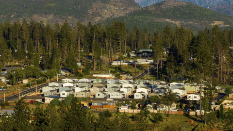 Homes built after the Camp Fire line a hillside at Paradise Mobile Estates, Thursday, Oct. 26, 2023, in Paradise, Calif.