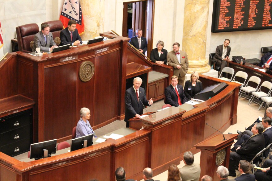 Gov. Asa Hutchinson addressing lawmakers at the start of a special session on highway funding.