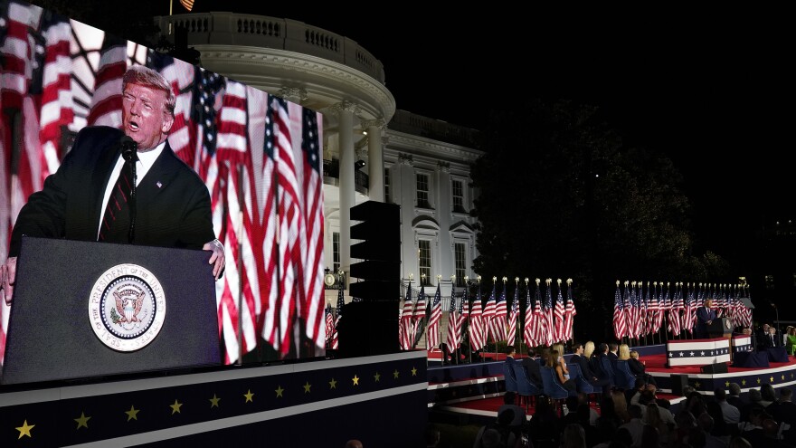 President Donald Trump speaks from the South Lawn of the White House on the fourth day of the Republican National Convention, Thursday, Aug. 27, 2020,