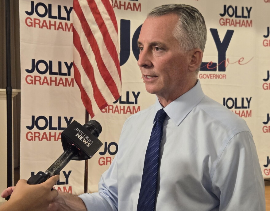 Democratic gubernatorial candidate David Jolly takes questions from the press at his campaign rally at the Gainesville Woman's Club on Wednesday, Oct. 28, 2026. (Sofia Dinka/WUFT News)