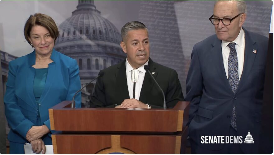 U.S. Sen. Ben Ray Luján (D-N.M.) led legislation to fund SNAP, which he and Senate Democratic Leader Chuck Schumer of New York and Klobuchar (D-Minn.) introduced in a news conference in Washington, D.C. on Oct. 29, 2025. (Screenshot)