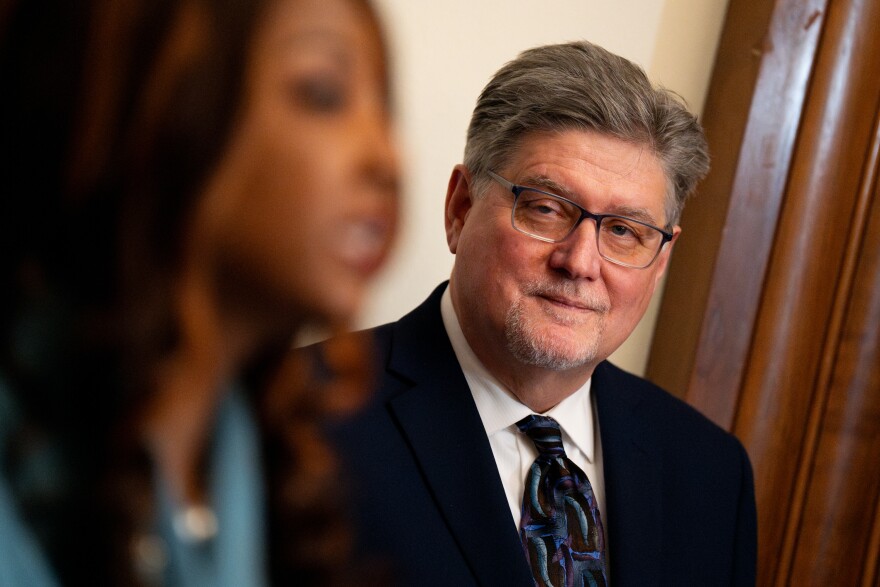 Doug Burris, former St. Louis County jail director, is introduced as the St. Louis City Justice Center’s interim commissioner during a press conference on Monday, Jan. 27, 2025, at City Hall in downtown St. Louis.