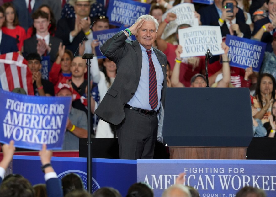Nassau County Executive Bruce Blakeman salutes before President Donald Trump speaks during a Fighting For American Workers event, Friday, May 22, 2026, in Suffern, N.Y.