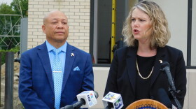 Flint Mayor Sheldon Neeley (left) and EGLE Director Liesl Clark at a news conference at the Flint water plant