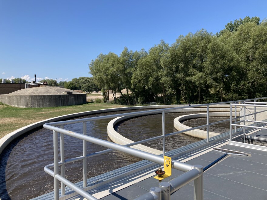 A new oxidation ditch processes sewage Aug. 15 at the Cheboygan wastewater treatment plant. The ditch is a crucial part in the plant's transition from a chemical to biological treatment process.