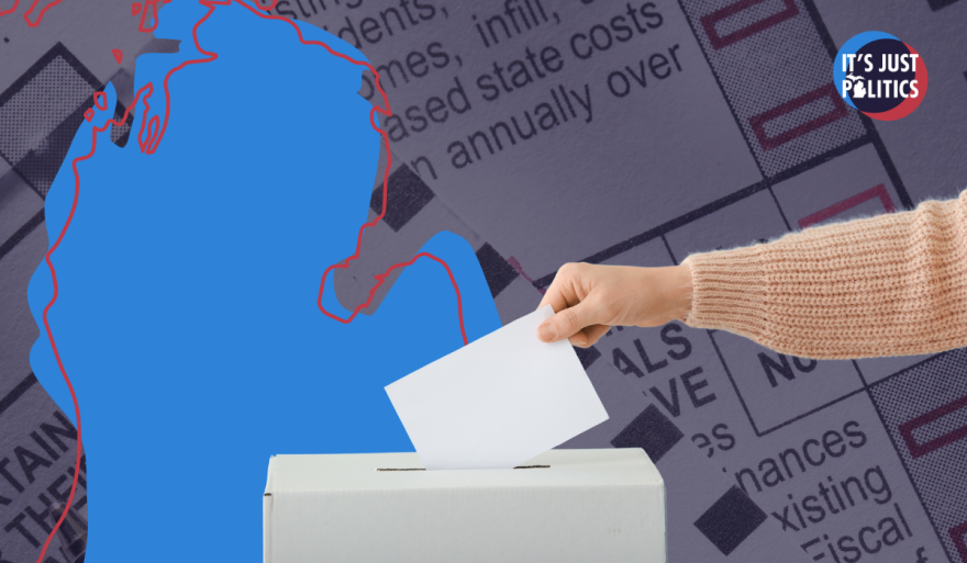 A graphic illustration of a hand placing a ballot into a white ballot box. Behind it is a blue silhouette of the state of Michigan outlined in red. The background includes a faded image of a ballot or election form with text and checkboxes. In the top-right corner is the circular “It’s Just Politics” logo.