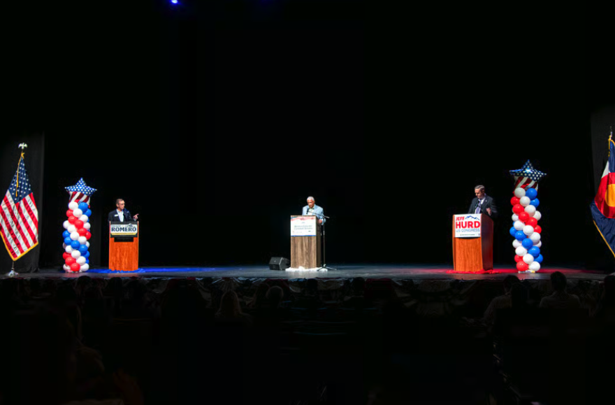 U.S. Rep. Jeff Hurd, incumbent candidate for Colorado's 3rd Congressional District (right), debates challenger Dwayne Romero during a Club 20 event at the Asteria Theater in Grand Junction. Sept. 19, 2026.