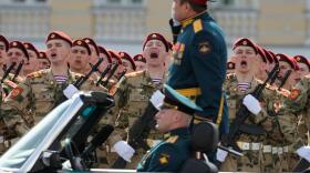 Servicemen attend the Victory Day military parade marking the 81st anniversary of the Soviet Union's victory over Nazi Germany during the World War II, at the Dvortsovaya (Palace) Square in St. Petersburg, Russia, Saturday, May 9, 2026 (Dmitri Lovetsky/AP)