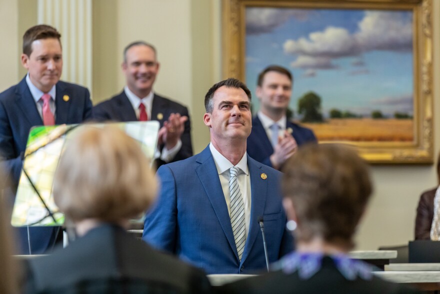 Oklahoma Gov. Kevin Stitt stands at the podium ahead of delivering his State of the State address on Feb. 6, 2023.