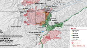 A map by Bad Hoss Map Company that show the areas impacted by the South Fork and Salt fires.