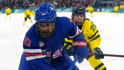United States' Laila Edwards (10) challenges with Sweden's Felizia Wikner Zienkiewicz (29) during a women's ice hockey semifinal game between the United States and Sweden at the 2026 Winter Olympics, in Milan, Italy, Monday, Feb. 16, 2026.  