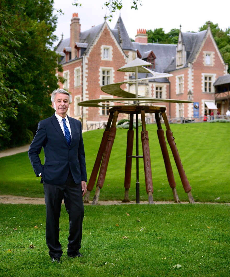 François Saint Bris, whose family owns the Clos Lucé chateau in Amboise, France, stands in front of a design by Leonardo da Vinci that has been rebuilt on the grounds. Leonardo spent the last three years of his life in France.
