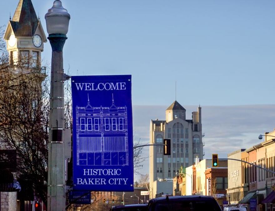 A welcome sign in downtown Baker City, Ore., March 22, 2023.