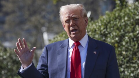 President Donald Trump speaks to reporters 