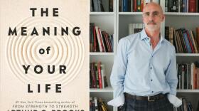 The cover of "The Meaning of Your Life" and author Arthur Brooks. (Courtesy of Penguin Random House and Jenny Sherman)