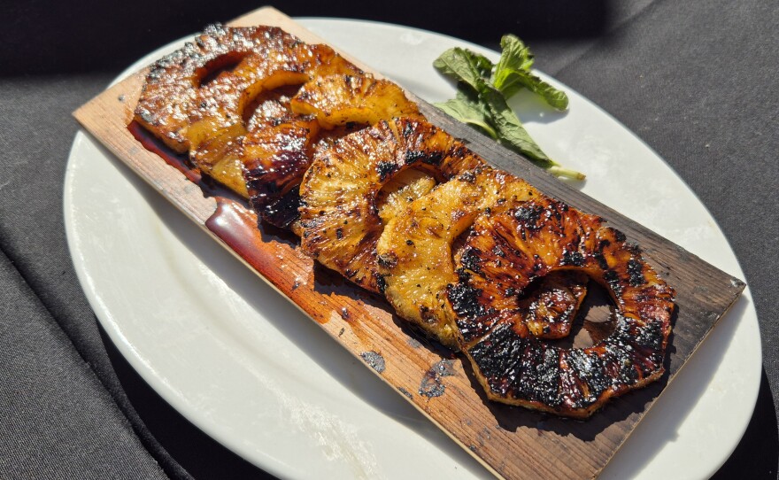 Today's dessert was grill pineapple, a new technique for many of the students. The Mezcal whipped cream was added later, as it was 108F outside!
