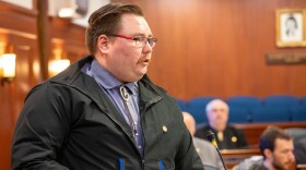 Rep. Thomas Baker, R-Kotzebue, speaks in support of an Alaska House resolution calling on the federal government to withdraw a rule limiting development in the National Petroleum Reserve - Alaska on March 1, 2024. (Eric Stone/Alaska Public Media)