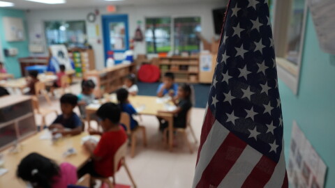 An American flag stands in a classroom at a Head Start preschool in Immokalee, Fla., Thursday, Sept. 10, 2026. 