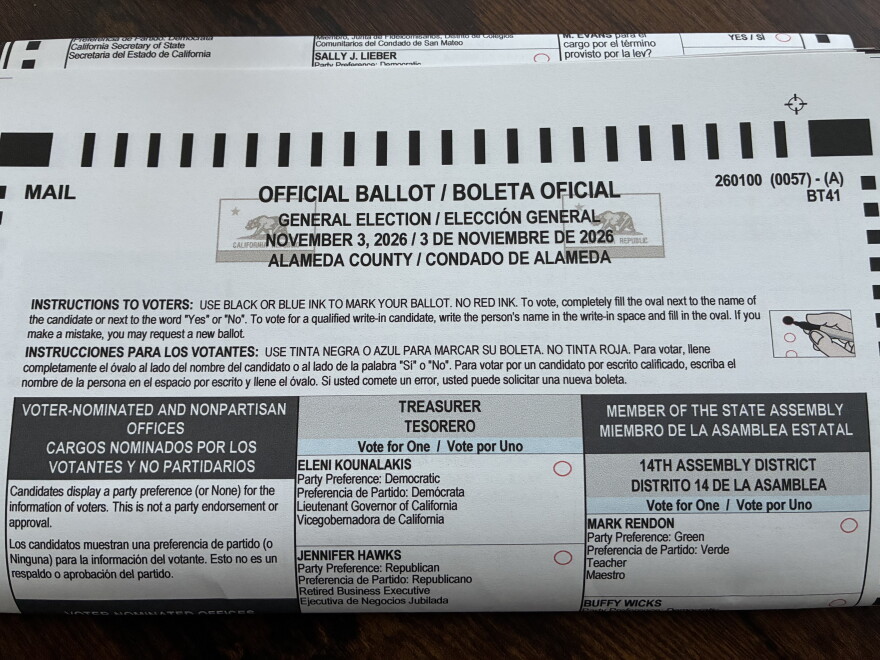 An official Alameda County mail-in ballot for the November 2026 elections.