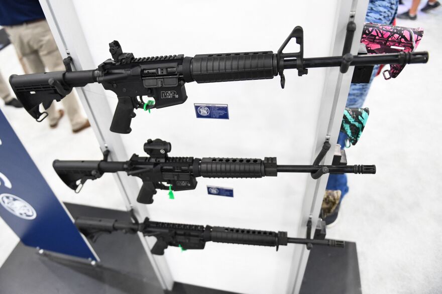 Smith & Wesson M&P15 semi-automatic rifles of the AR-15 style are displayed during the National Rifle Association (NRA) annual meeting at the George R. Brown Convention Center in Houston, Texas on May 28.