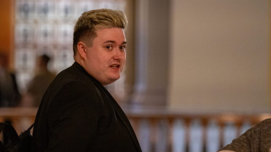 Jae Moyer appears before a March 10, 2026, demonstration outside the Senate chamber in the Kansas Statehouse.