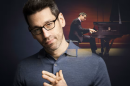 Headshot of Jonathan Biss with photo of him playing the piano.
