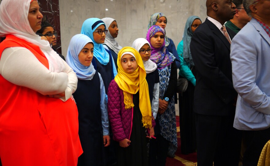 Middle school students at the Muslim Association of Puget Sound attend a press conference concerning a recent threat following the Orlando shooting.