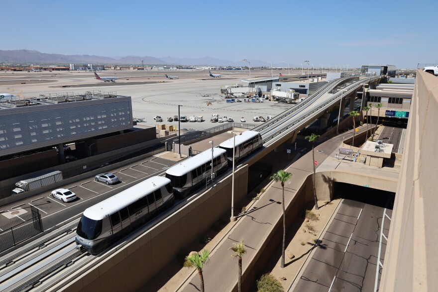 The PHX Sky Train moves passengers at Phoenix Sky Harbor International Airport on Wednesday, Aug. 9, 2023.