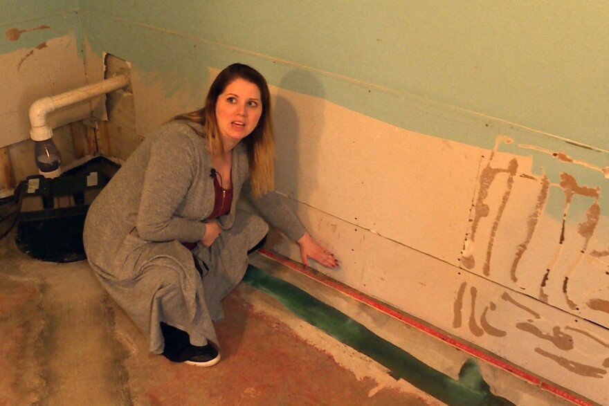 Bartholomew County resident Amanda Burdine shows where the water line was in her basement during this February's flooding.
