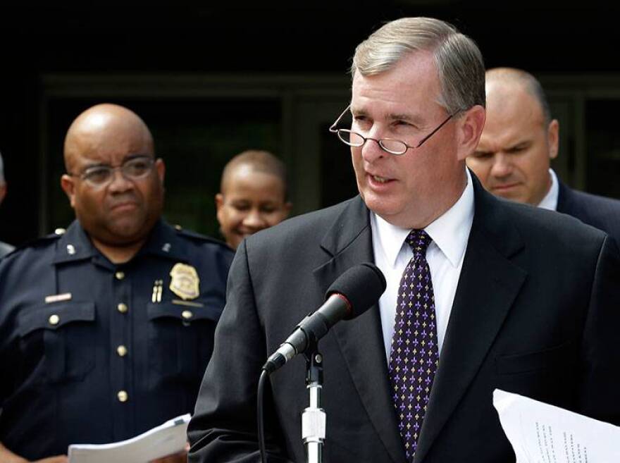 Indianapolis Mayor Greg Ballard, right, and Metropolitan Police Department Chief of Police Rick Hite, left, announce in Indianapolis, Monday, July 8, 2013, a plan to put more uniformed police officers on the streets of Indiana's capital following a spate of deadly shootings
