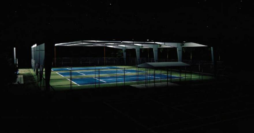 A rendering of the planned solar panels, which Broward County and Florida Power and Light will install above the basketball courts at Reverend Samuel Delevoe Memorial Park.