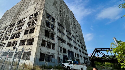 Albany's crumbling Central Warehouse and a portion of the nearby Amtrak rail bridge that sits within its shadow.