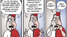 A three-panel political cartoon drawing a historical parallel between political anti-religious rhetoric. A split figure representing 1960 on the left and 2026 on the right warns voters to beware of candidates whose loyalty is allegedly with their religion or a foreign power. The final panel reveals that the exact same fearmongering arguments were used against John F. Kennedy in 1960 and Abdul El-Sayed in 2026.   
