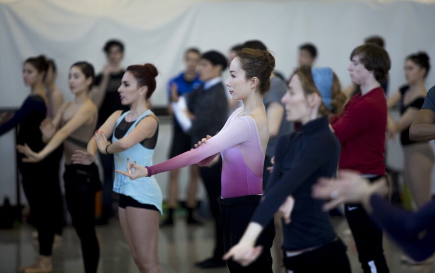 Boston Ballet dancers rehearse for "Artifact," which has it's Boston premiere on February 23, 2017 at the Boston Opera House. (Jesse Costa/WBUR)