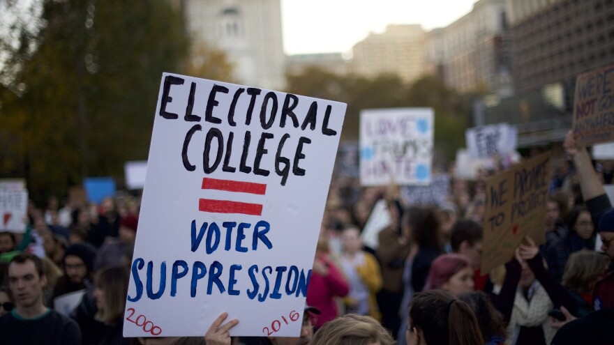 Protestors demonstrate against President-elect Donald Trump in Philadelphia in 2016. Trump won the presidential election despite losing the popular election by more than two million votes.