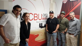 From left to right: John and Caroline LaHood of ColorForge, Brandon Jones and Andrew Farrar of Focused AIM, and gBETA Distillery Labs director Nathan Domenighini.