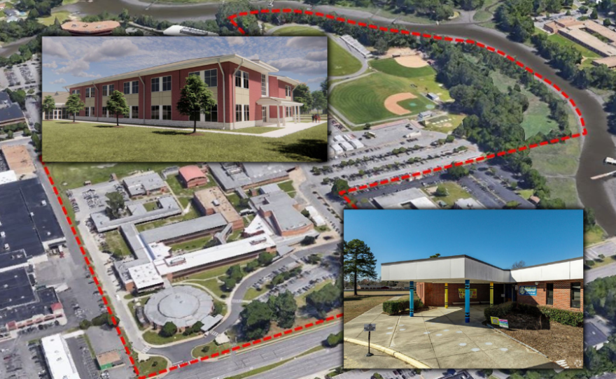 A rendering of Suffolk's Northern Shores Elementary addition (left) and Elephant's Fork Elementary (right) over Virginia Beach's Princess Anne High campus. Virginia grant money will help with construction projects for each.
