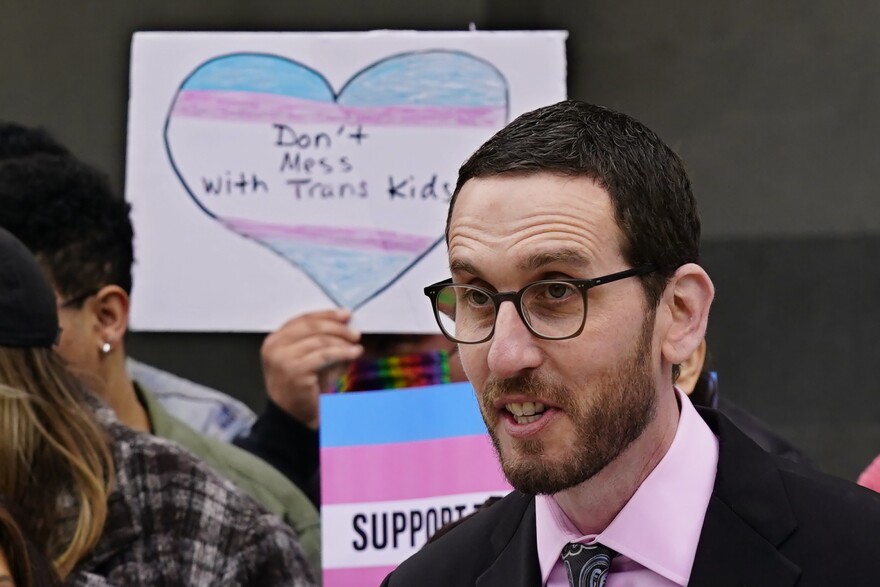 State Sen. Scott Wiener, D-San Francisco, discusses his proposed measure to provide legal refuge to displaced transgender youth and their families during a news conference in Sacramento, Calif., March 17, 2022. Democratic lawmakers in more than a dozen states are following California’s lead in seeking to offer legal refuge to displaced transgender youth and their families. The coordinated effort being announced Tuesday, May 3, by the LGBTQ Victory Institute and other advocates comes in response to recent actions taken in conservative states.