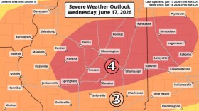 A severe weather alert map for Illinois from the National Weather Service details storm risks for Wednesday, June 17, 2026. It highlights a Moderate Risk area that includes Peoria and Bloomington-Normal.
