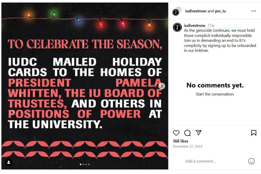 Christmas cards IU Divestment Coalition post