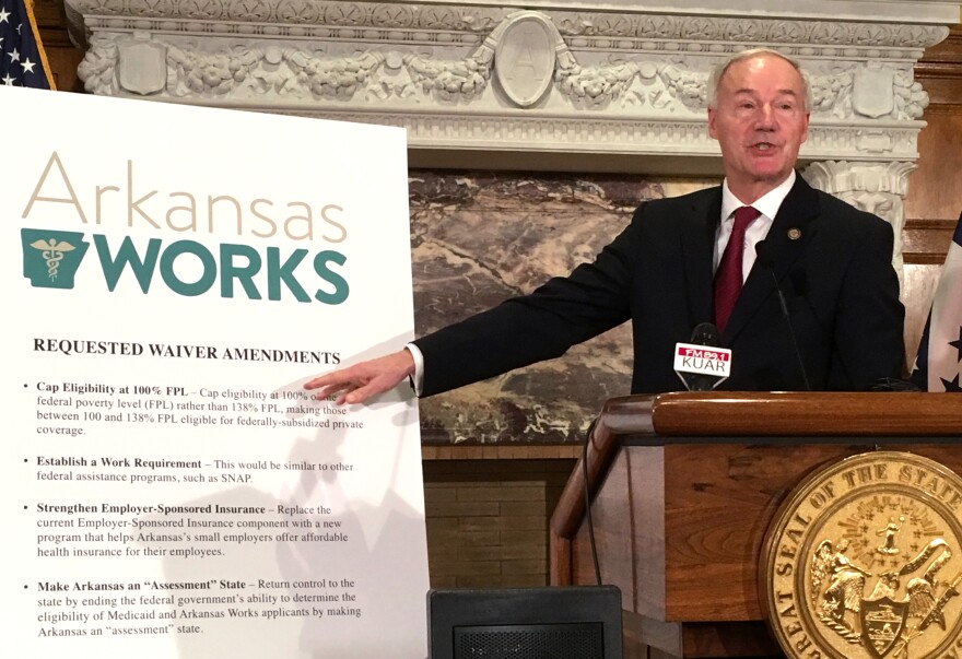 Arkansas Gov. Asa Hutchinson announces changes to the state Medicaid program called Arkansas Works, including the addition of a work requirement for certain beneficiaries, on March 6, 2017.