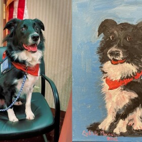 photo of therapy dog Tater Tot in court and a painting