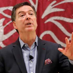 Former FBI Director James Comey speaks at the University of Chicago Law School for the 2019 Ulysses and Marguerite Schwartz Memorial Lecture, Oct. 29, 2019, in Chicago. (Charles Rex Arbogast/AP)