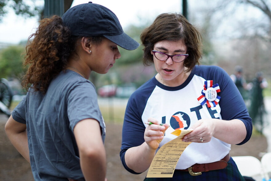 Julie Gilberg helps with voter registration during a Jolt event last year.