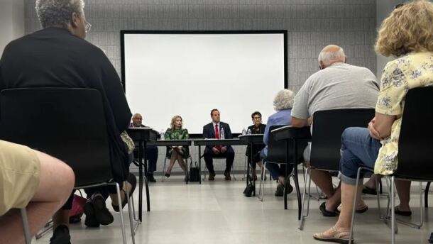 From left, Fairo Mitchell, director of the public utilities for the Oklahoma Corporation Commission, Joy McGill, state director of advocacy for AARP, State Rep. Brad Boles, R-Marlow, and Rep. Meloyde Blancett, D-Tulsa, at a town hall about electricity rates held Thursday, Aug. 13, 2026, at the Bronson Brookside Library in Tulsa.