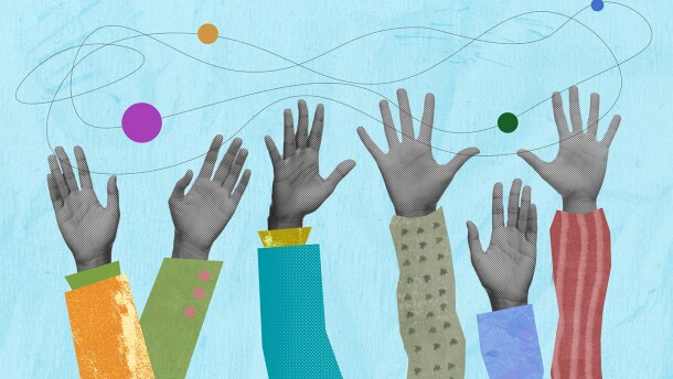 Hands reaching up into an interconnected string.